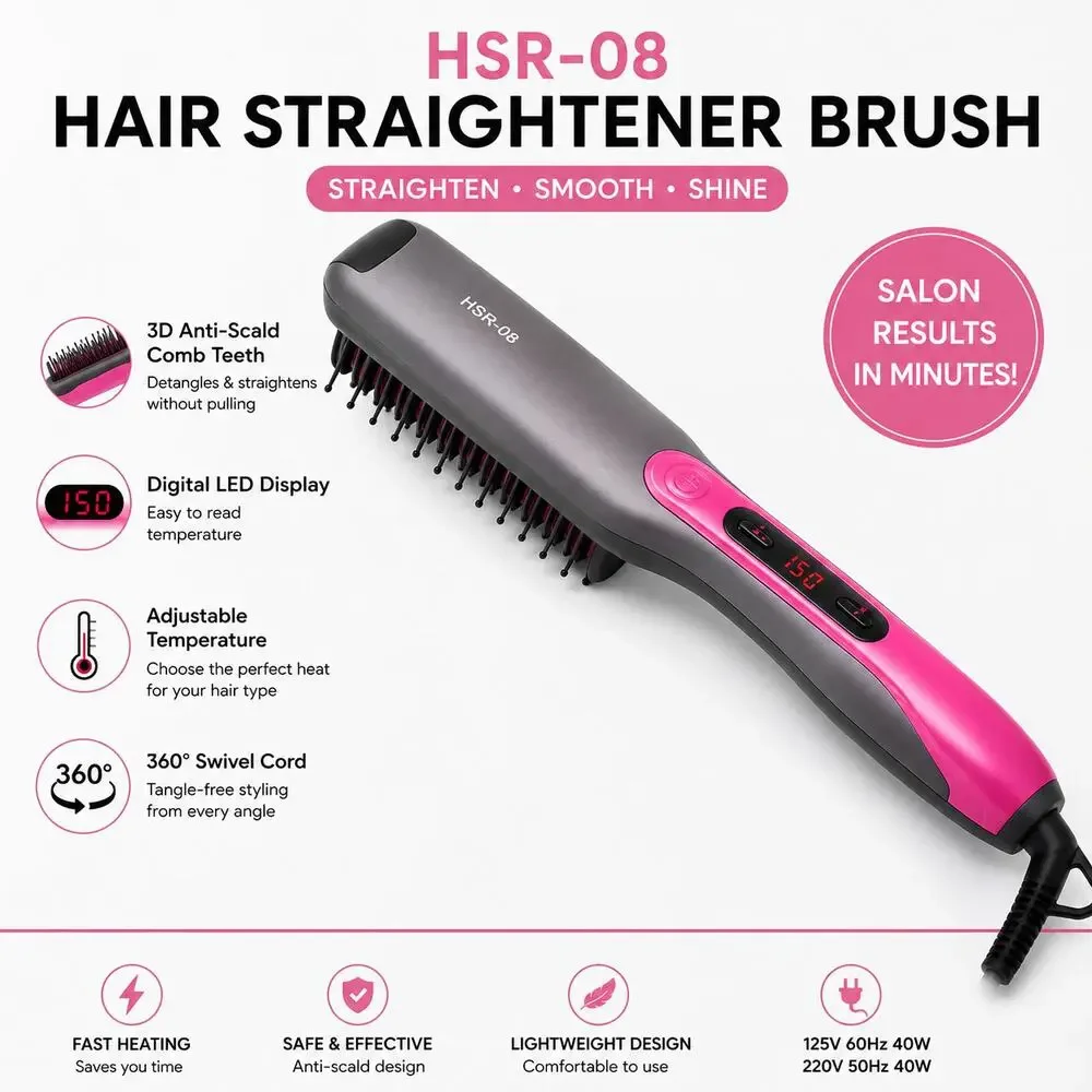 HSR-08 Hair Straightener Brush with LCD Temperature Display- Gray/Pink